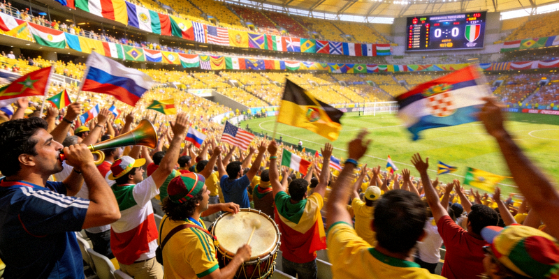 世界杯比赛现场球迷热烈欢呼场景 - 看台坐满挥舞旗帜的观众